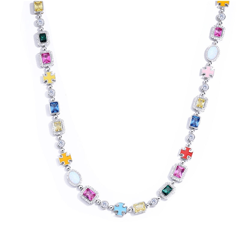 Multi Gemstone Motif Necklace Chain and Bracelet