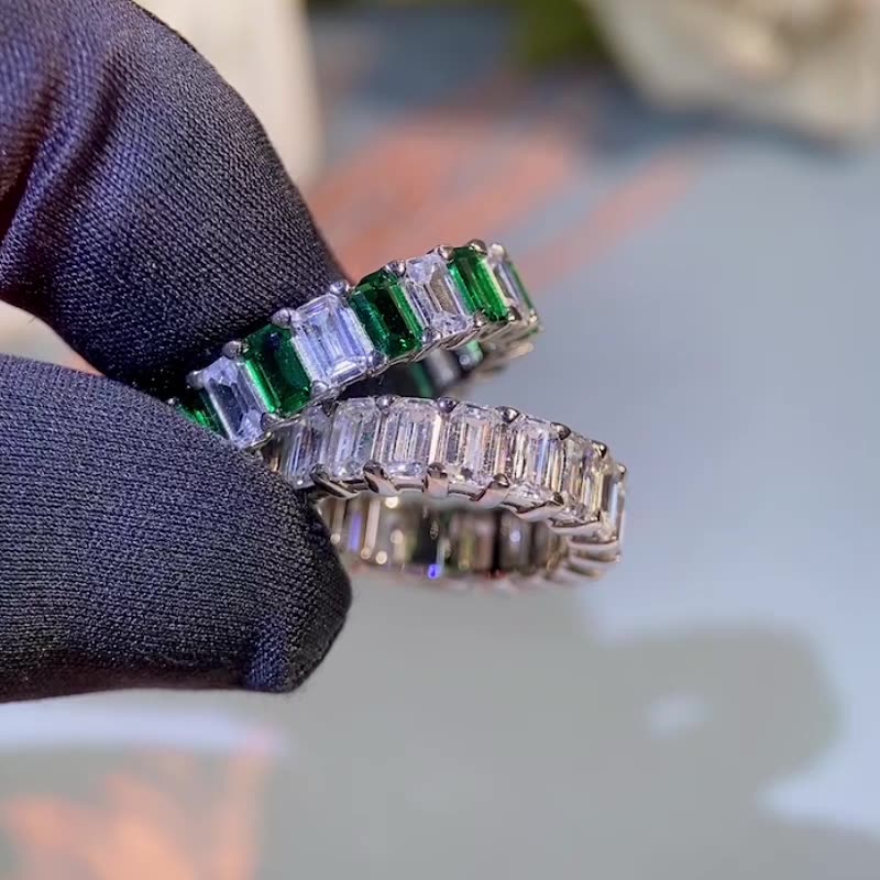 10.5ct Emerald Cut Moissanite Eternity Ring in 925 silver