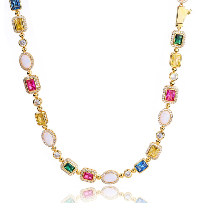 Infinity Stone Interlaced Multi Gemstone Motif Necklace Chain and Bracelets