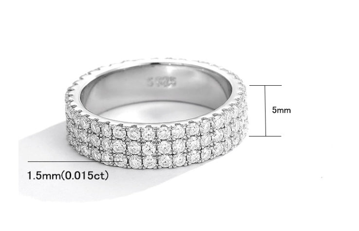 925 Silver Moissanite 3 Row Ring
