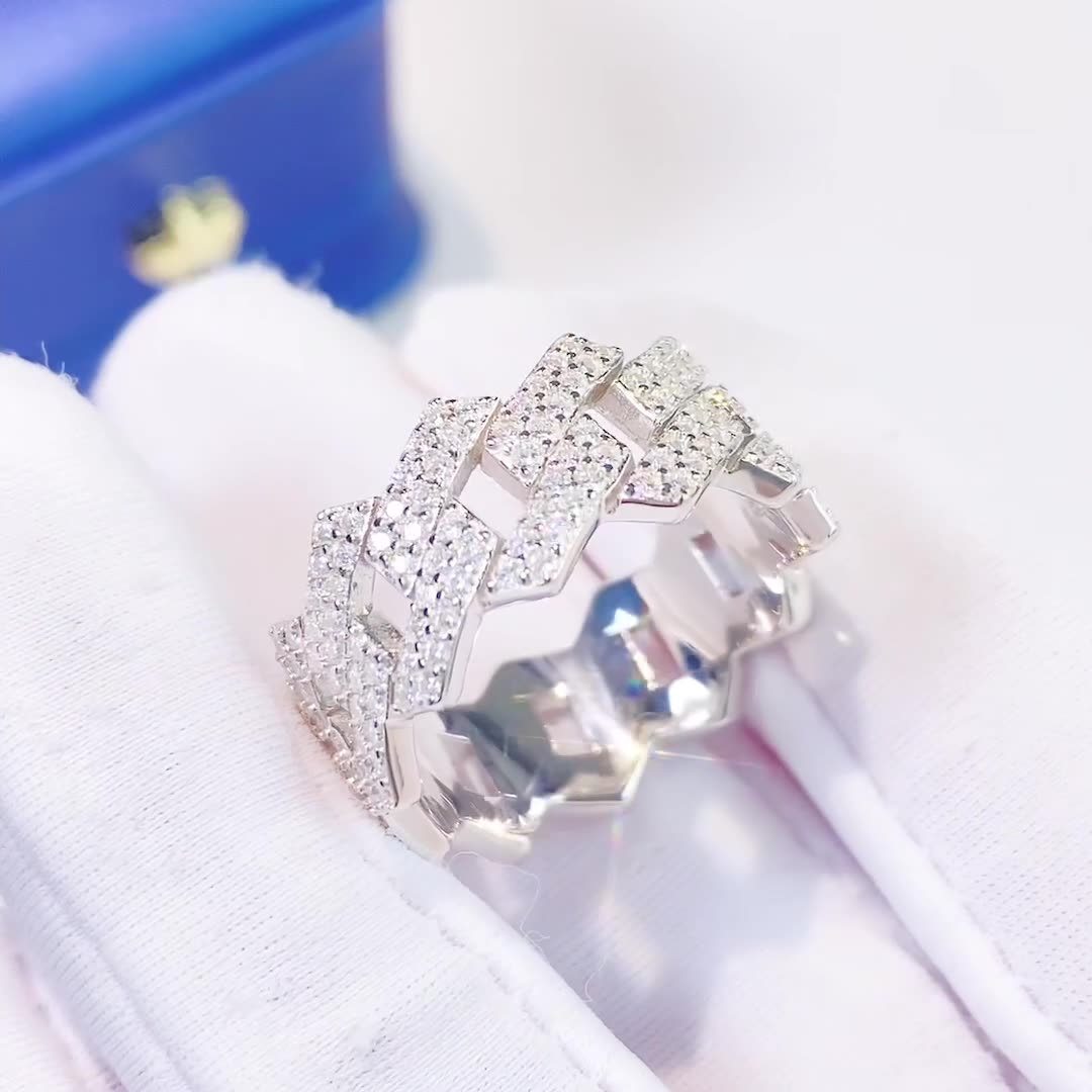 925 Silver Diamond Moissanite Prong Cuban Ring