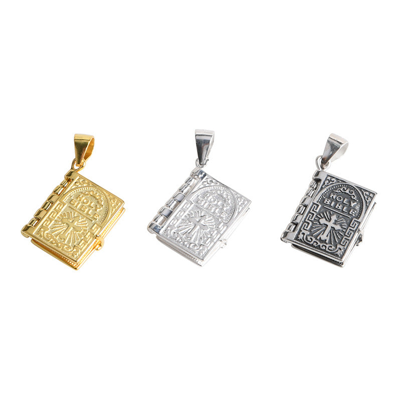 Vintage Silver Croos Bible Book Pendant Necklace Unique Jewelry For Men Women