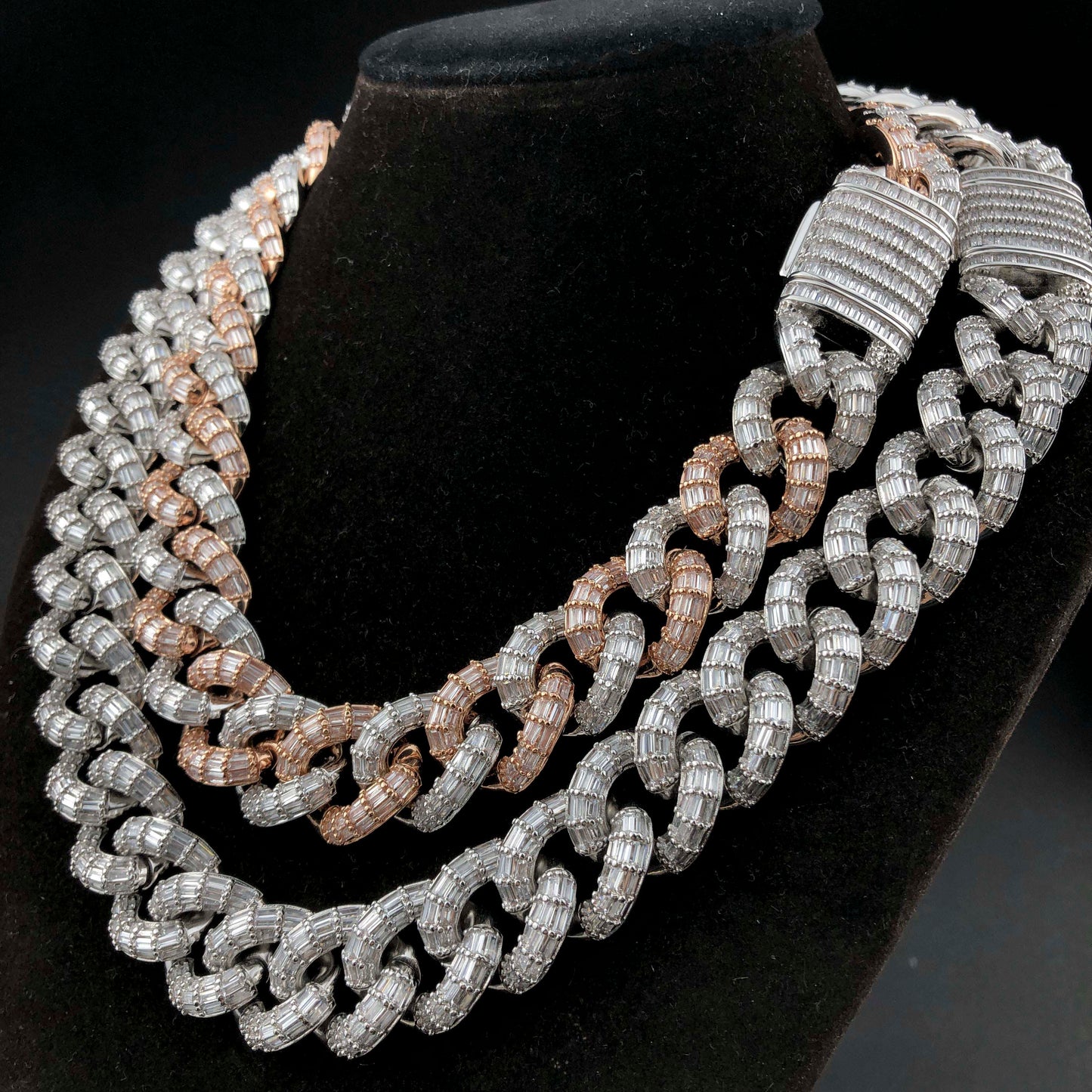 19mm Baguette Cuban Chain 2 Tone White/Rose Gold