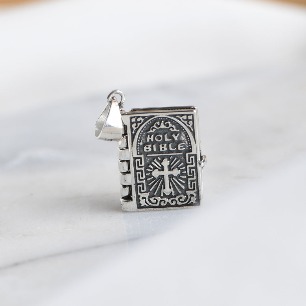 Vintage Silver Croos Bible Book Pendant Necklace Unique Jewelry For Men Women